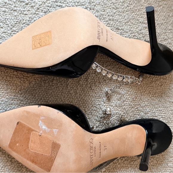 Jimmy Choo SAEDA 100mm EU 37 Black Patent Crystal-Ankle Strap Pointed Toe Pumps - Picture 3 of 6